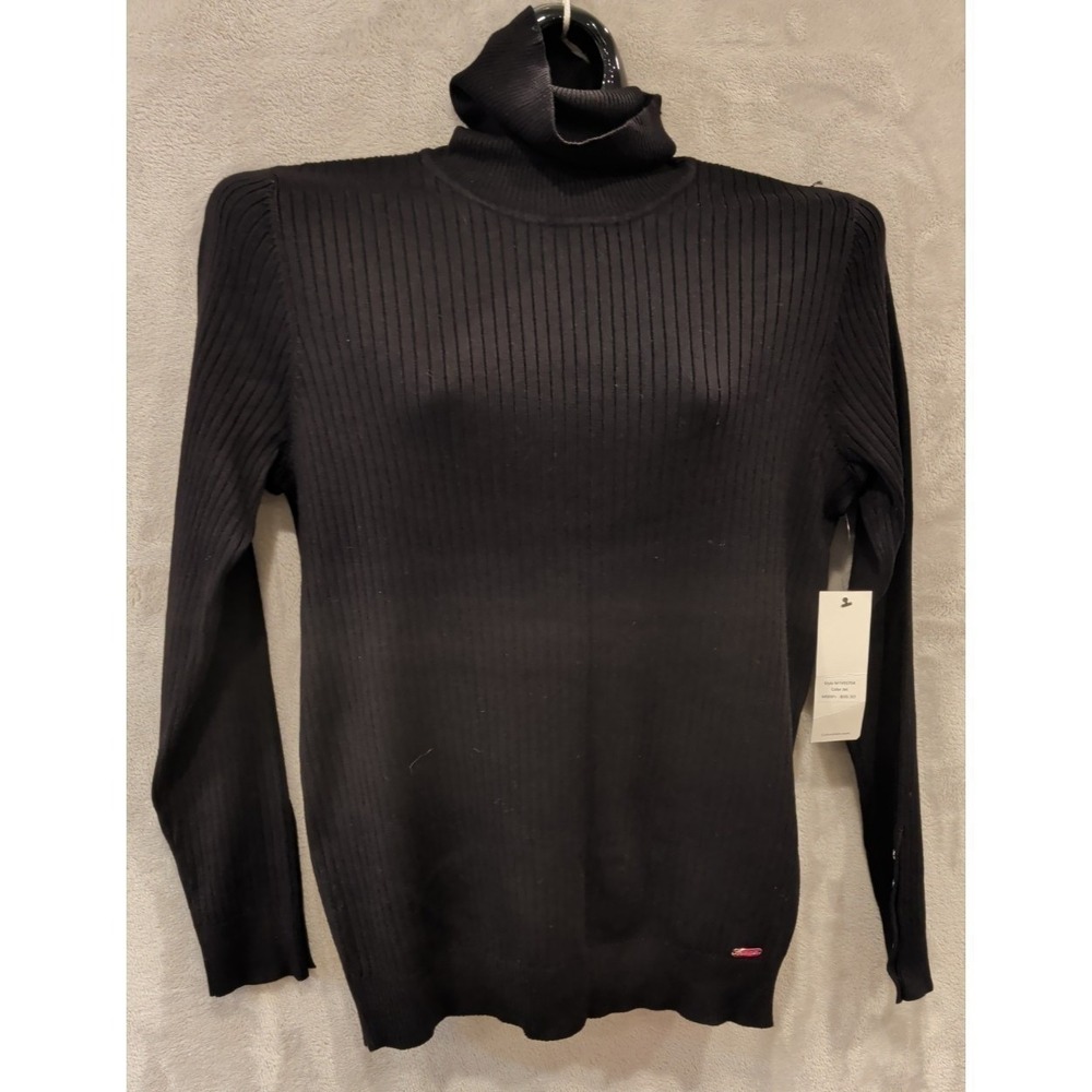 Calvin Klein Ribbed Turtleneck Sweater Black L Button Sleeve Stretch NWT‎